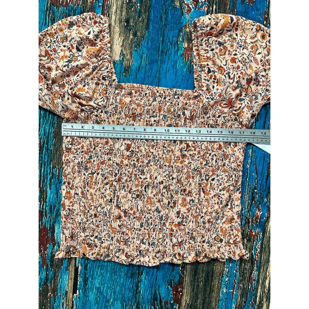 Shirts/NWT Old Navy Peach Floral Smocked Puff Sleeve Peplum Square Neckline XL - Picture 9 of 12